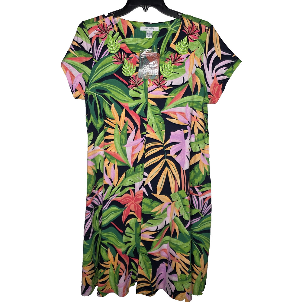 Go Softly Patio Multicolor House Dress Duster MuMu S Pretty Palm Zip Pockets